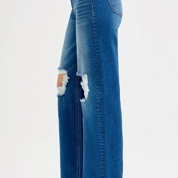 RISEN Full Size Mid Waist Fit Boyfriend Knee Distressed Jeans Plus Size - Picture 4 of 6